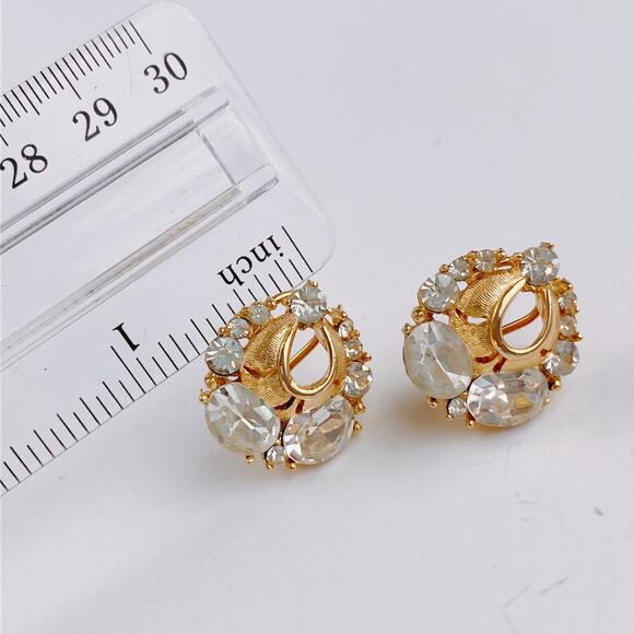 VTG Mid Century Clip On Earrings Gold Tone Rhinestone 1950s Cocktail Jewelry - Picture 8 of 11